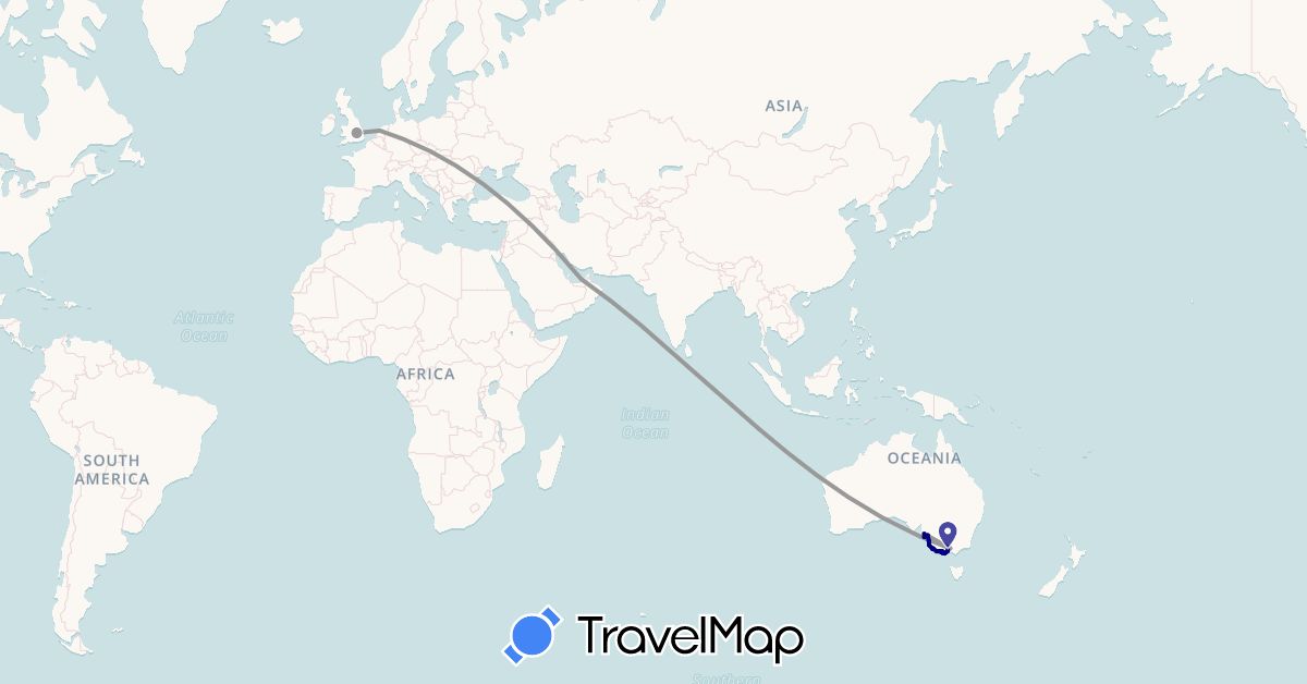 TravelMap itinerary: driving, plane, hiking in United Arab Emirates, Australia, United Kingdom, Netherlands (Asia, Europe, Oceania)